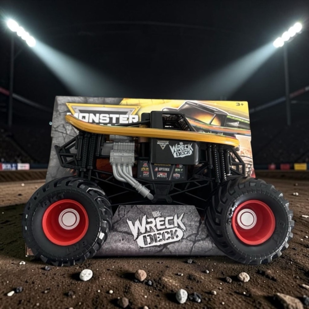 Monster Jam Wreck Deck Monster Truck Skateboard Style Black Yellow BKT Tires